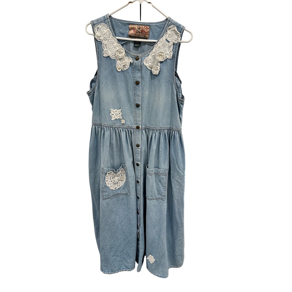 Vintage Express Spirit of Nimes Denim Lace Midi Dress‎ Light Wash Blue 90s L